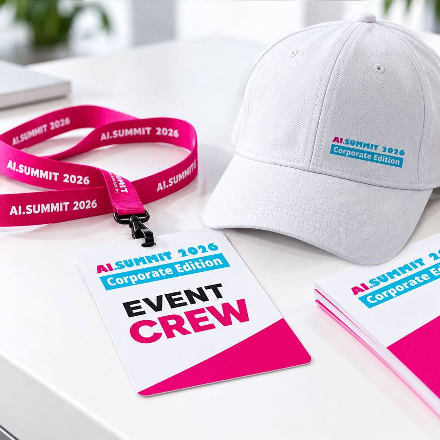 AI.SUMMIT 2026 Event Crew badge, lanyard and cap